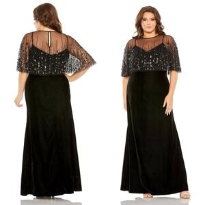 Mac Duggal Black Velvet Dress with Sequin Cape